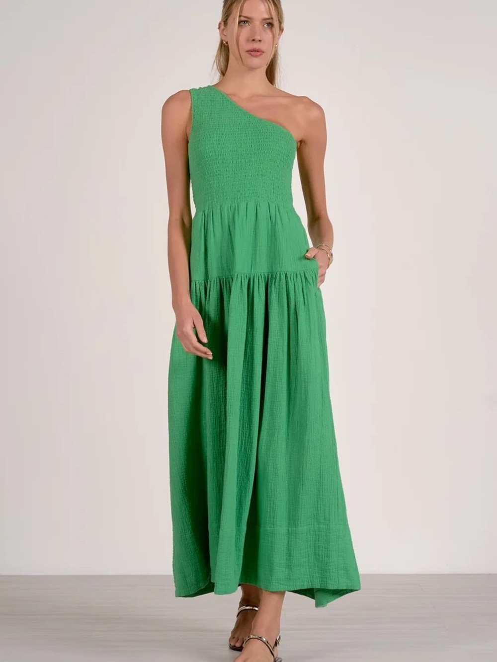 One-Shoulder Green Tiered Maxi Dress